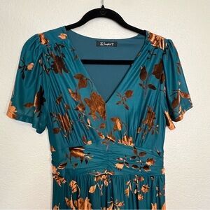 Simplee Floral Teal and Orange Flutter Sleeve V-Neck Maxi Dress Size Medium